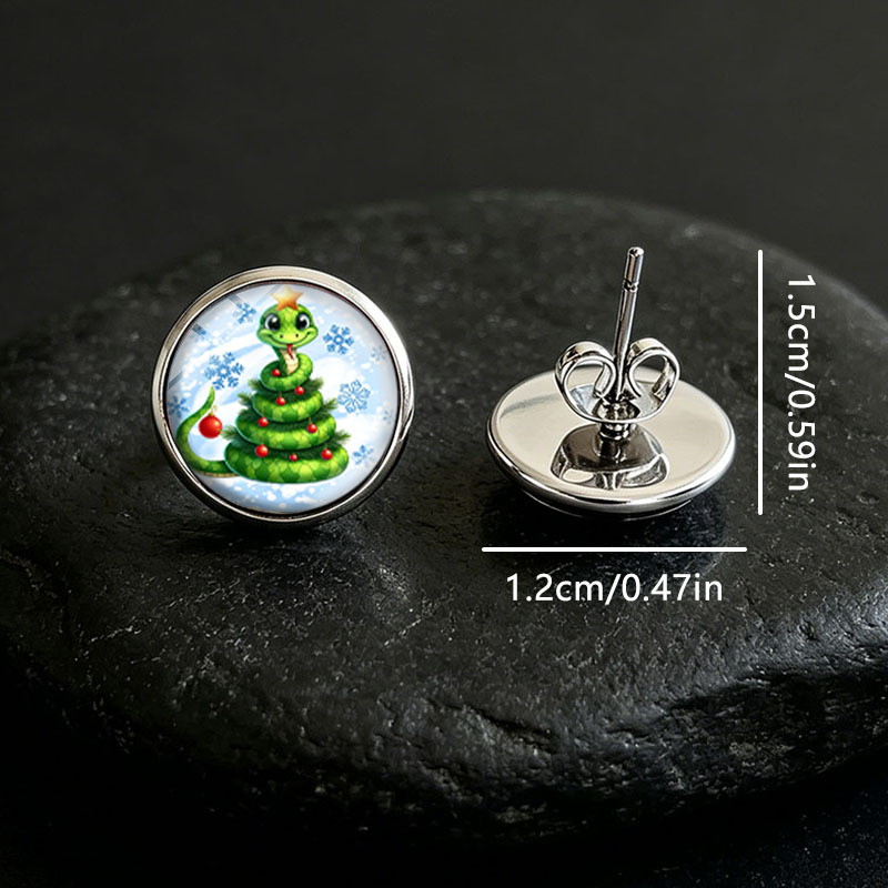 Green Snake Christmas Tree Round Stud Earrings